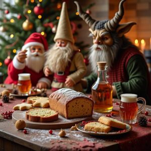Traditional German Christmas Traditions Setting Featuring Saint Nikolaus, Santa Claus, And Krampus Around A Festive Table With Stollen, Cookies, And Warm Holiday Drinks, With A Decorated Christmas Tree Glowing In The Background.